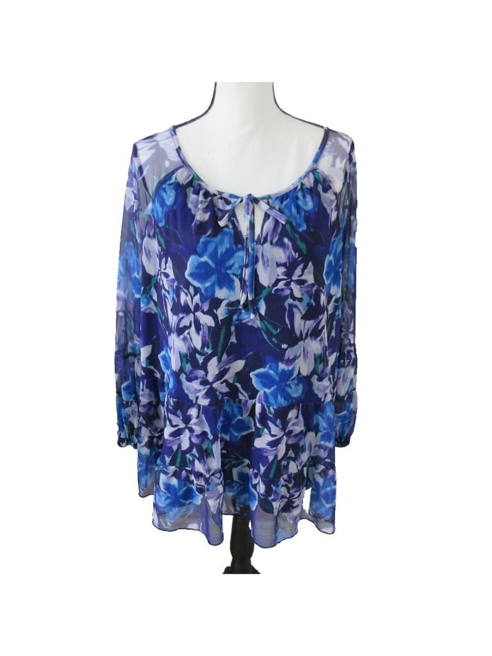 Terra & Sky Size 3X Print Mesh Peasant Top Balloon Sleeves Blue Floral Lined